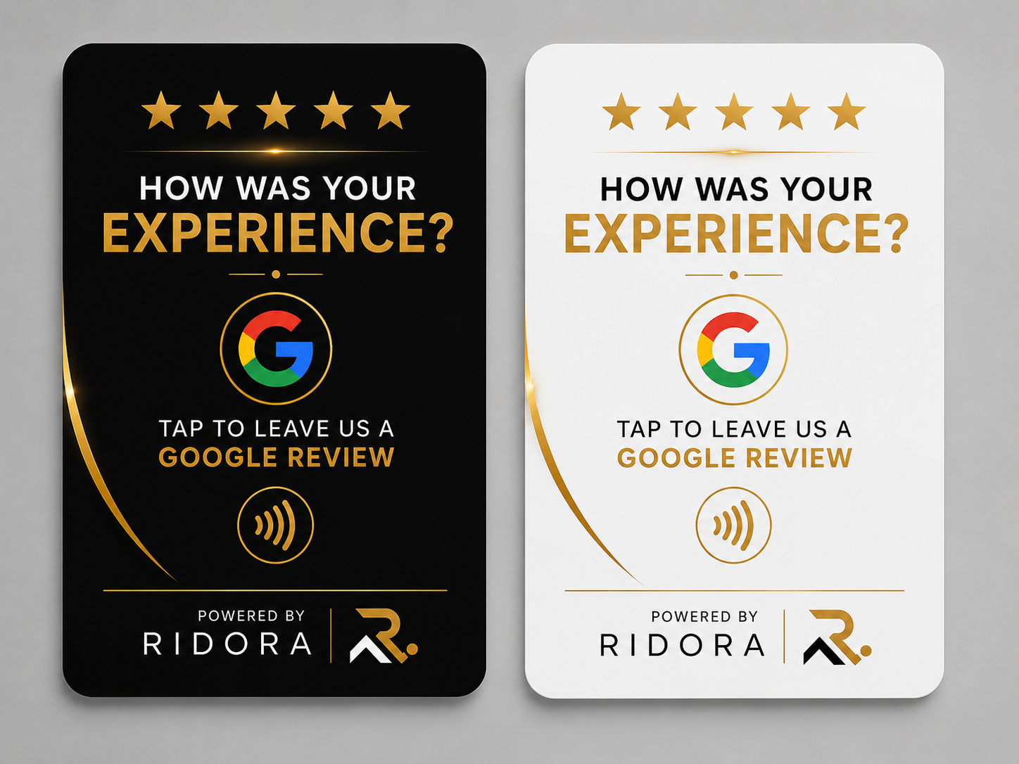 Ridora review cards in Noir Black and Ivory White editions